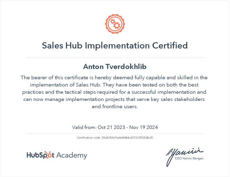 Sales Hub Implementation Certified