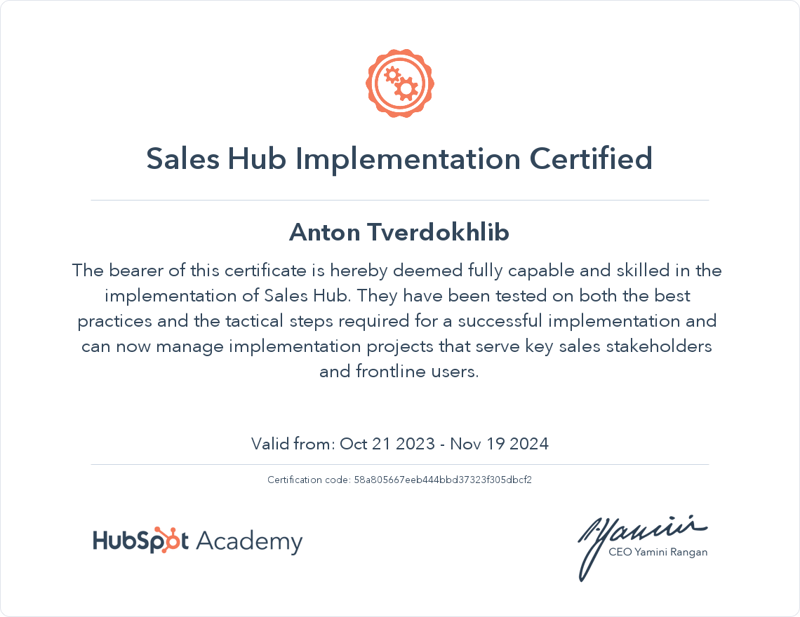 Sales Hub Implementation Certified Sales Hub Implementation Certified
