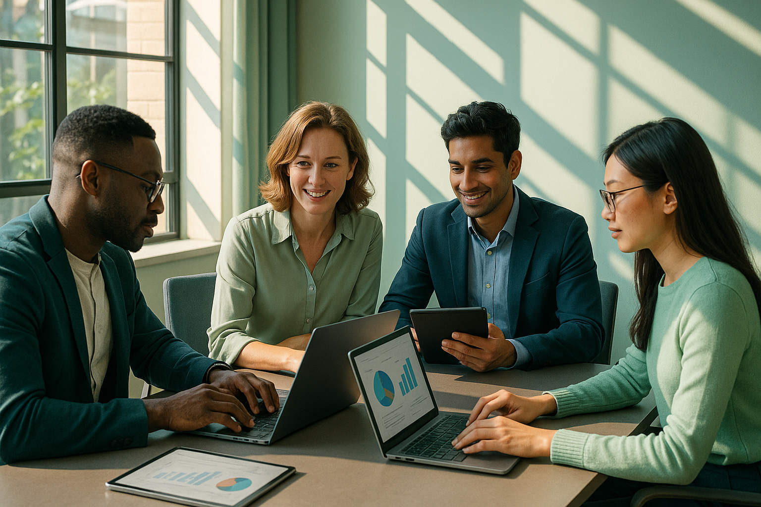 In a modern office setting a diverse team of professionals is gathered around a sleek conference table analyzing data on laptops and tablets Sunlight