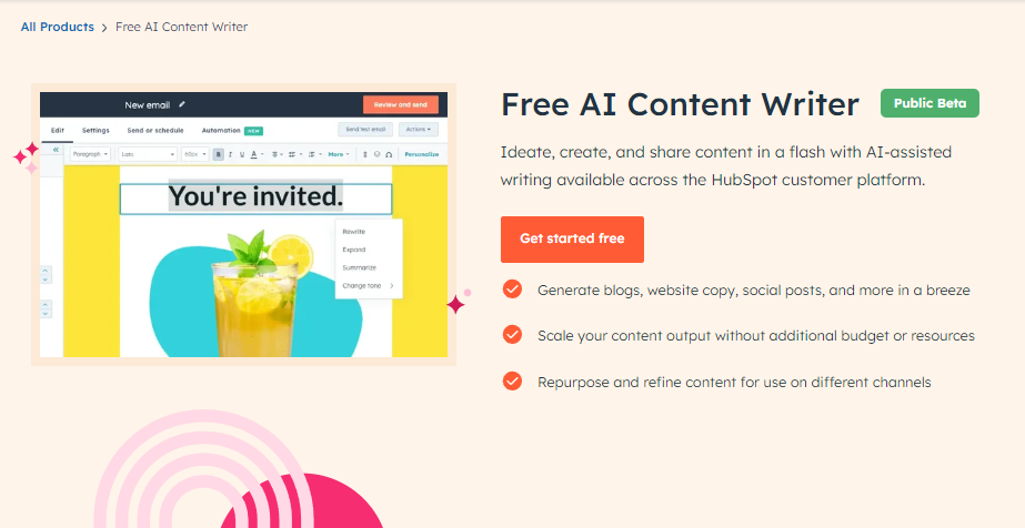 HubSpot Free AI Content Writer Landing Page